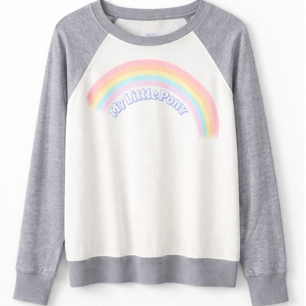 My Little Pony‎ Rainbow Raglan Sweatshirt Gray White Pastel Graphic Top Small